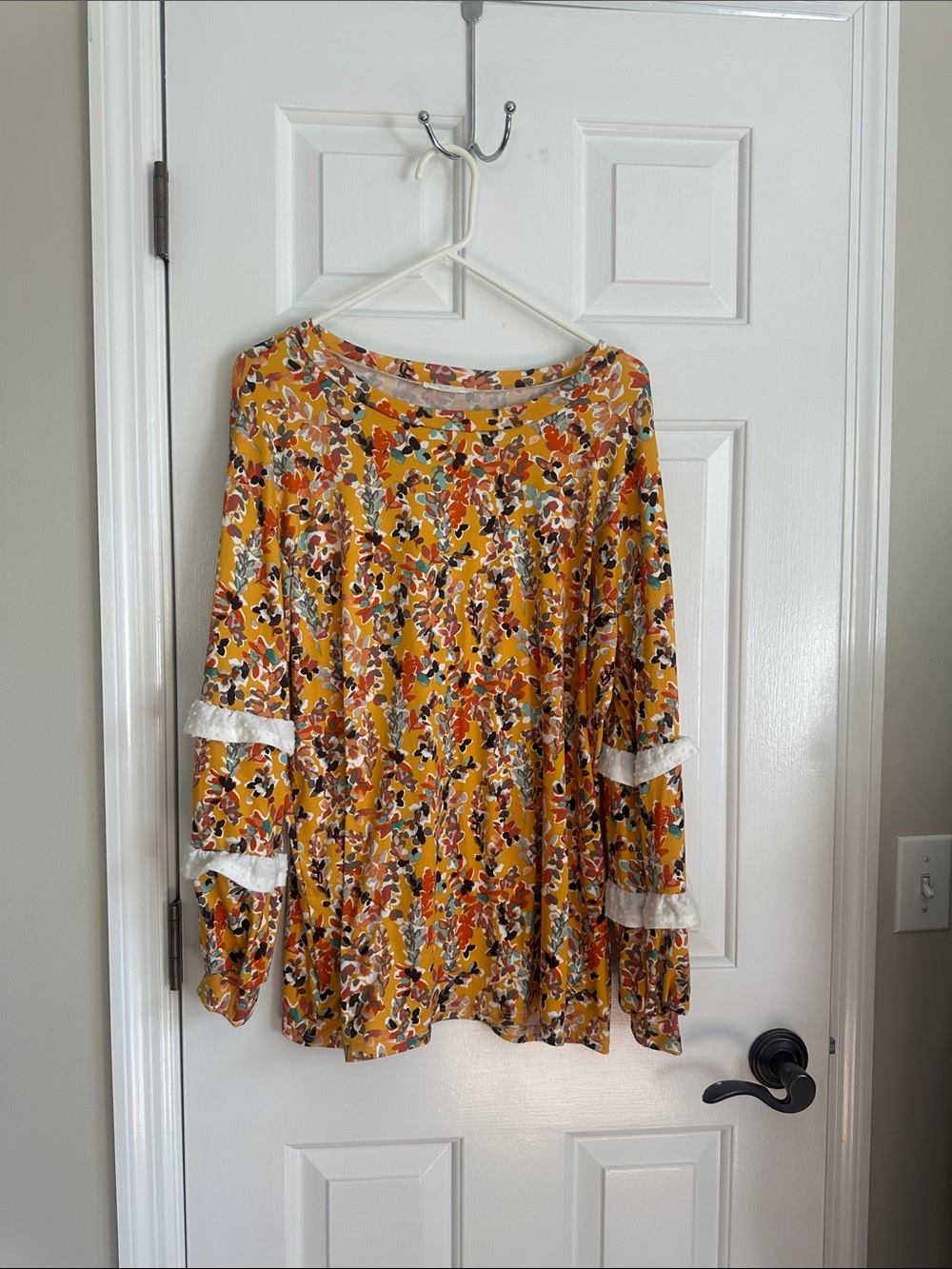 Yellow Floral Long Sleeve Blouse with Lace Trim